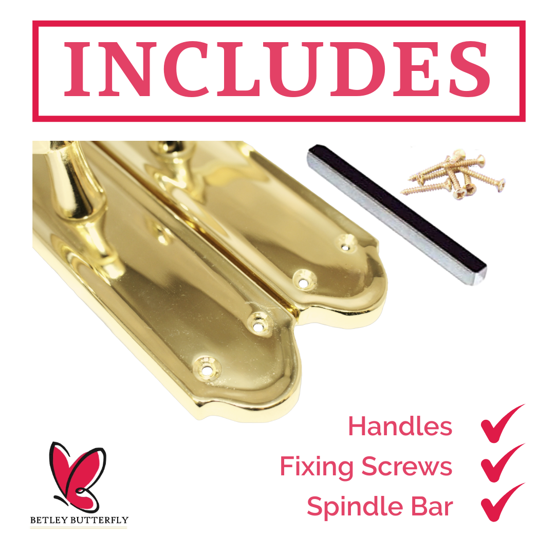Loquet de porte Ashford à levier à volutes - Pack loquet et charnière en laiton poli