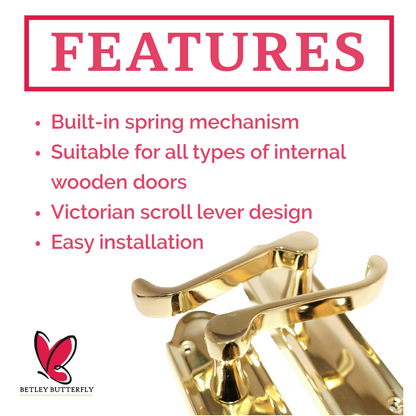 Loquet de porte Ashford à levier à volutes - Pack loquet et charnière en laiton poli