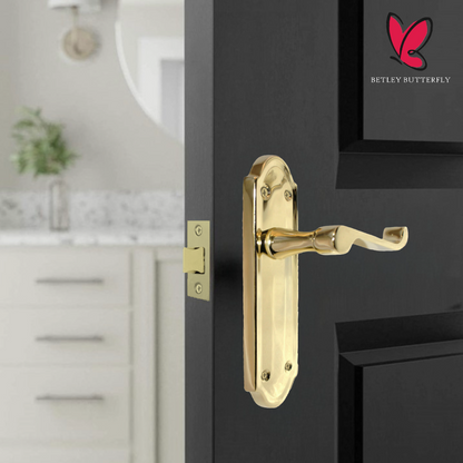 Loquet de porte Ashford à levier à volutes - Pack loquet et charnière en laiton poli