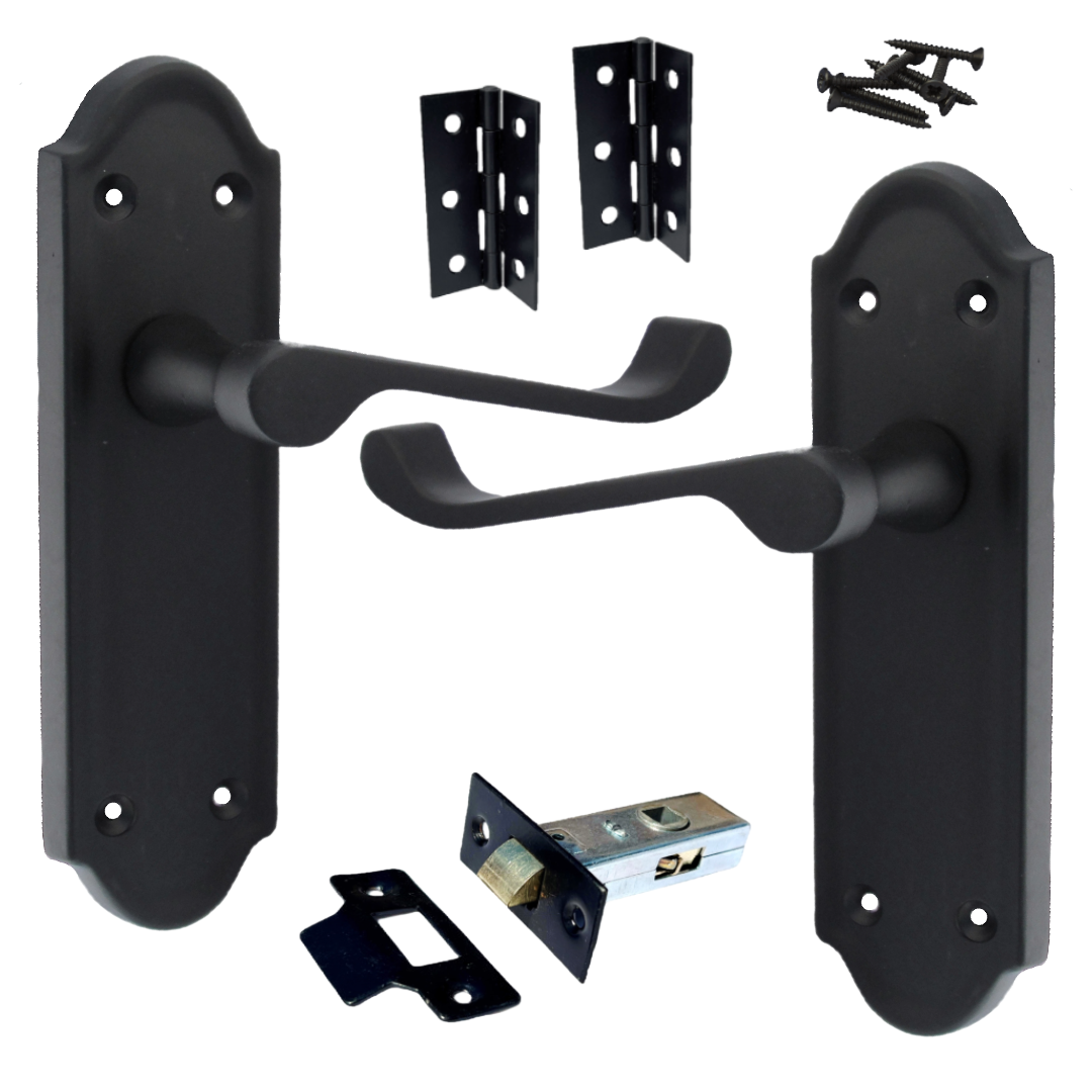 Loquet de porte Ashford à levier à défilement - Pack loquet et charnière noir mat