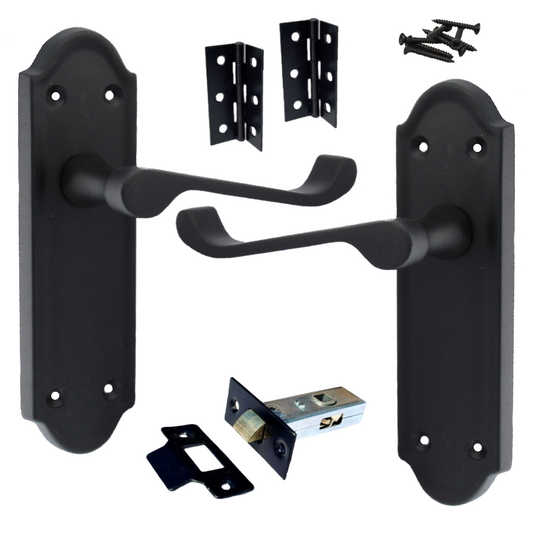 Loquet de porte Ashford à levier à défilement - Pack loquet et charnière noir mat