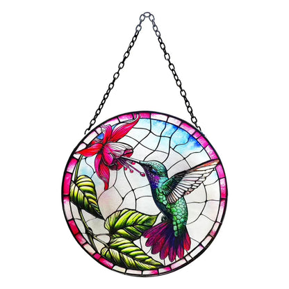 Stained Glass Suncatcher Hummingbird Hanging Round Orbit Garden Bird Decoration - 48cm x 23cm