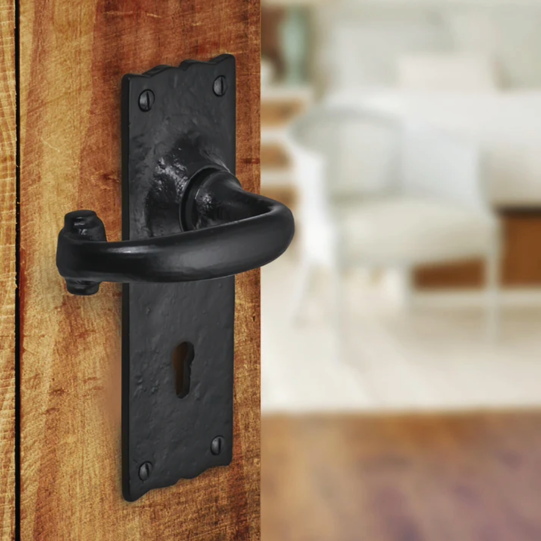 Iron Door Handles Black 158 x 55mm Antique Vintage Cottage Lever Lock Euro Bath Handle