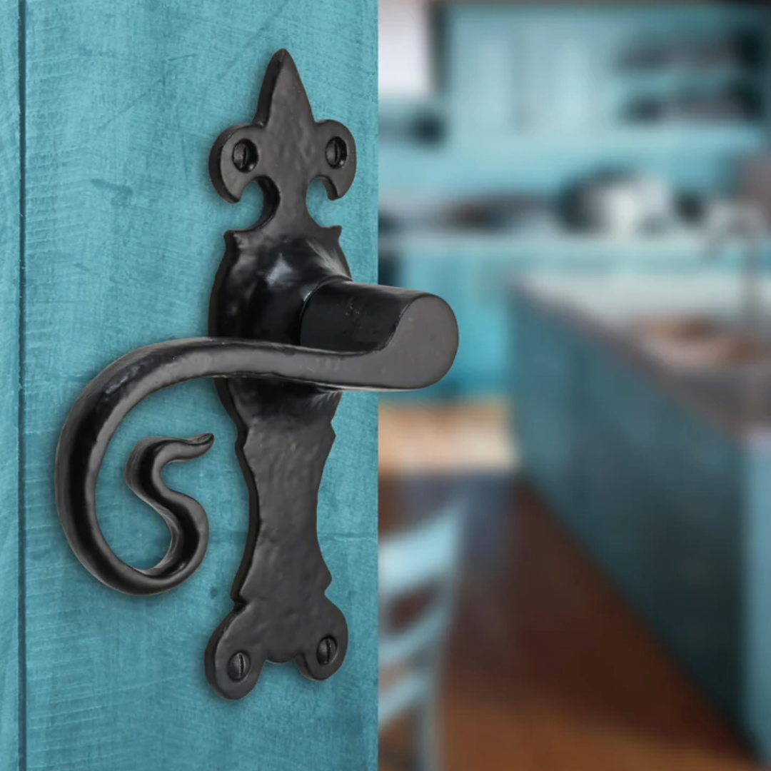 Iron Door Handles Black 165 x 52mm Antique Vintage Cottage Lever Lock Bath Handle