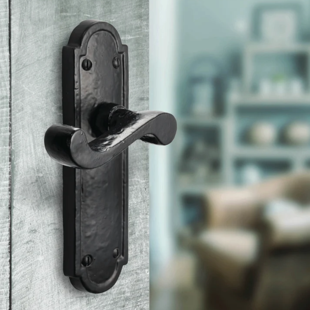 Iron Door Handles Black 172 x 48mm Antique Vintage Cottage Lever Lock Euro Handle