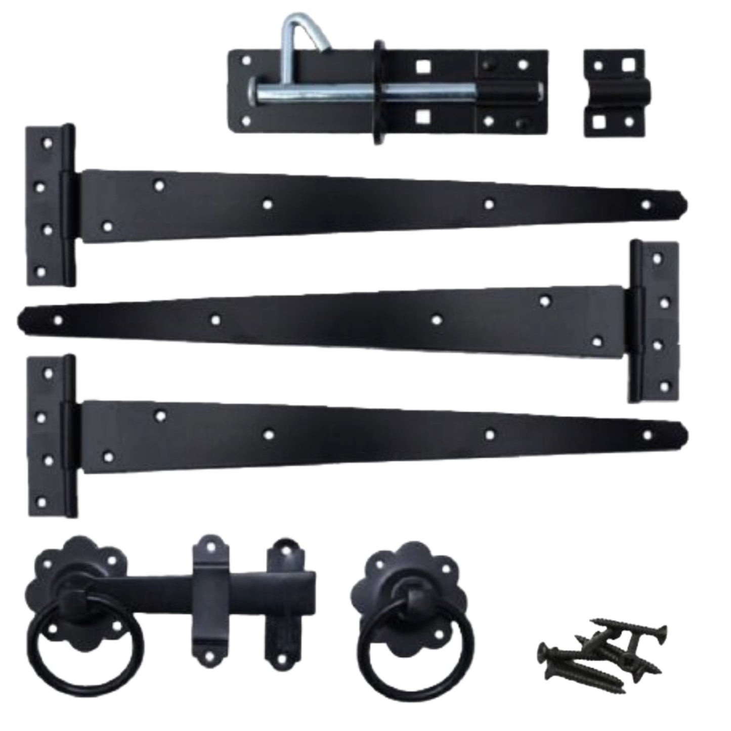 Marketplace JPG companion for Garden Side Gate Fixing Kit 3x Tee Hinges Ring Latch & Brenton Bolt Set Black Powder Coated 8" – 18"