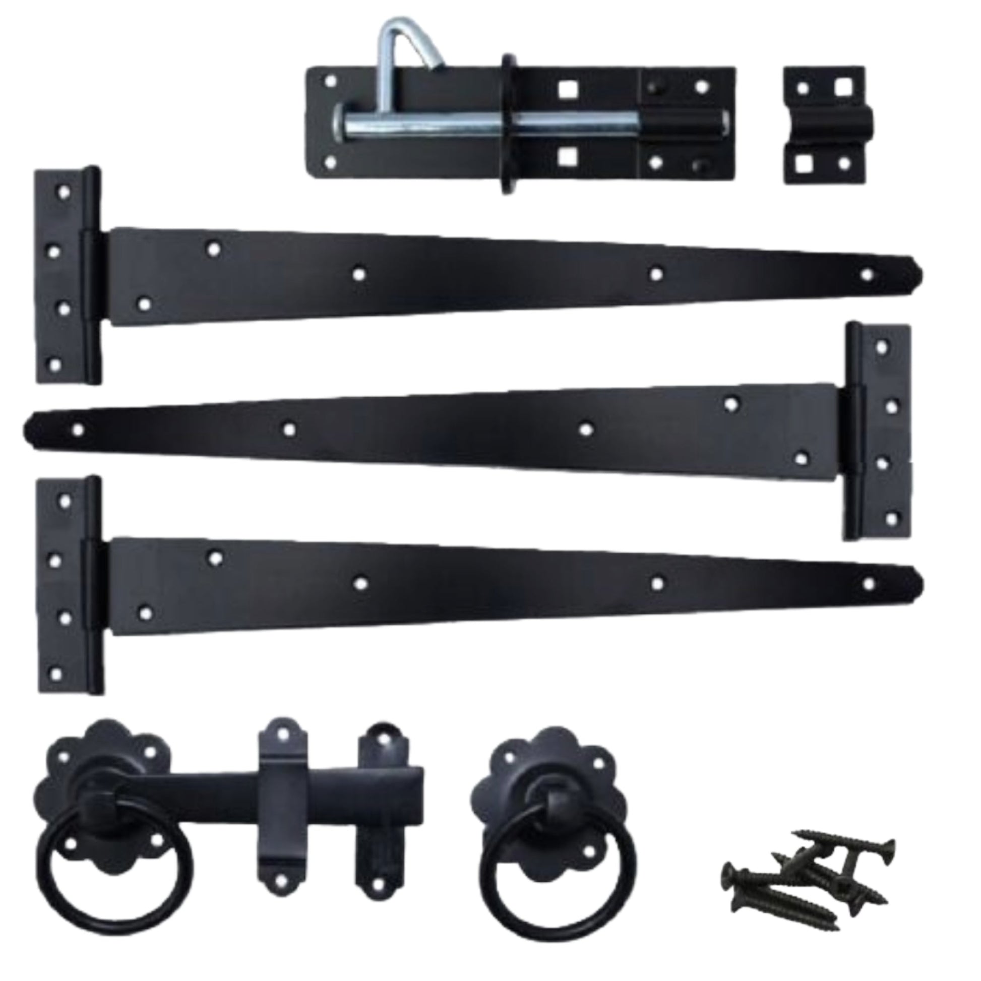 Marketplace JPG companion for Garden Side Gate Fixing Kit 3x Tee Hinges Ring Latch & Brenton Bolt Set Black Powder Coated 8" – 18"