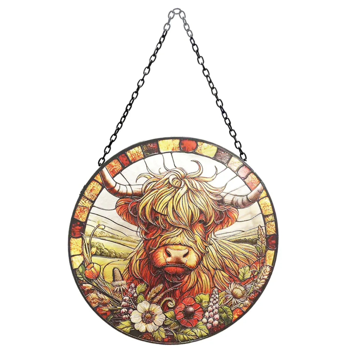 Stained Glass Suncatcher Highland Cow Hanging Round Orbit Garden Decoration - 48cm x 23cm