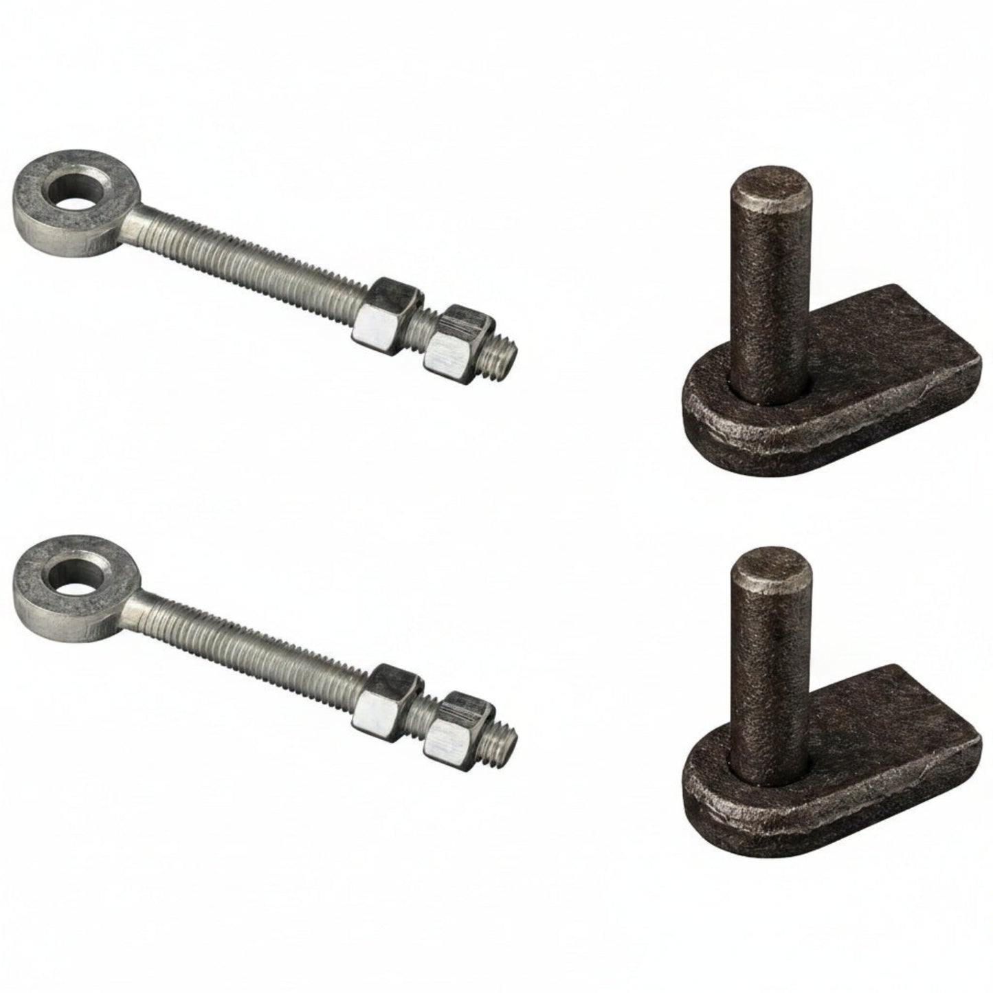 Pair of weld-on gate hinge brackets with 12mm pins and M12 adjustable eyes