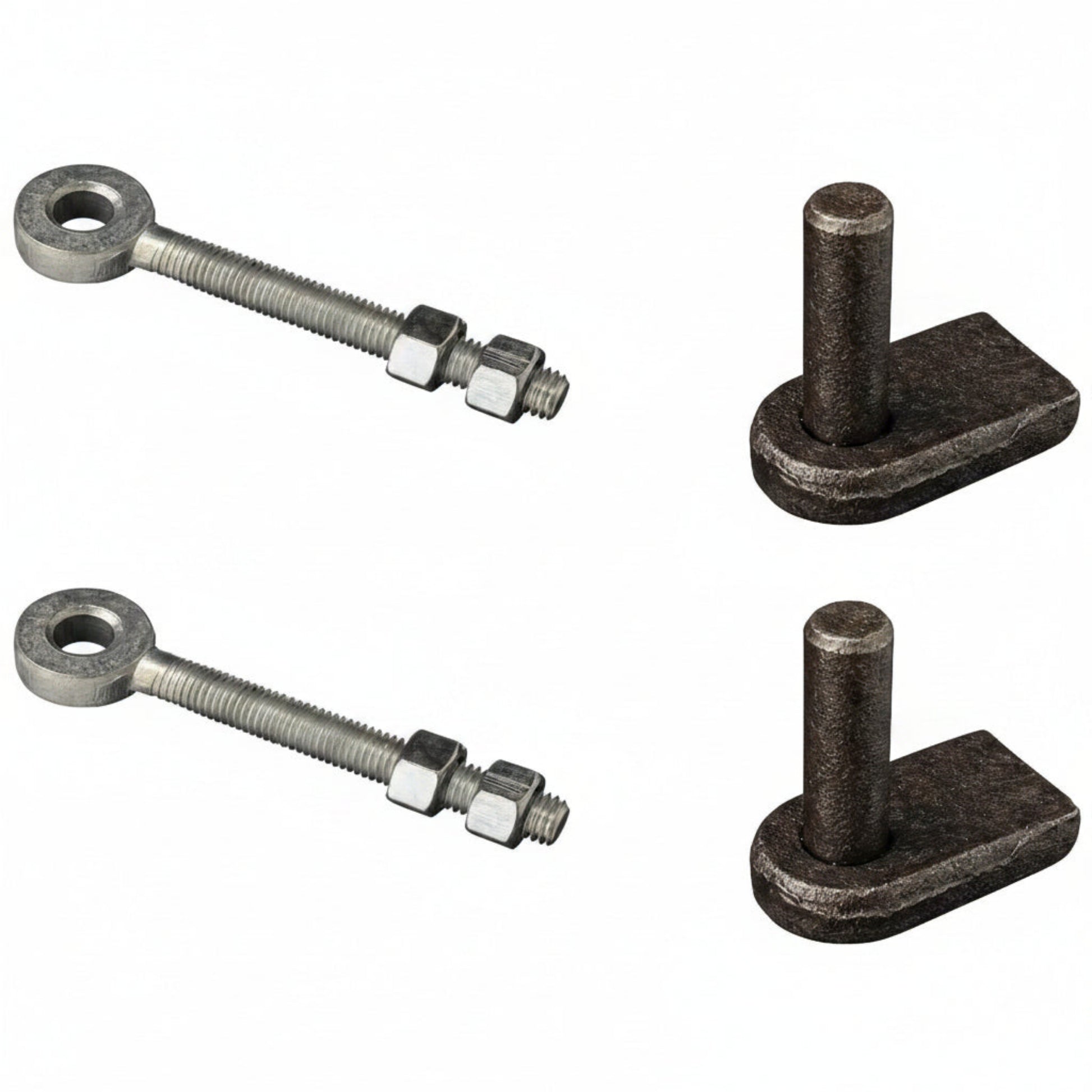 Pair of weld-on gate hinge brackets with 12mm pins and M12 adjustable eyes