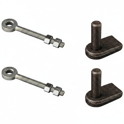 Pair of weld-on gate hinge brackets with 12mm pins and M12 adjustable eyes