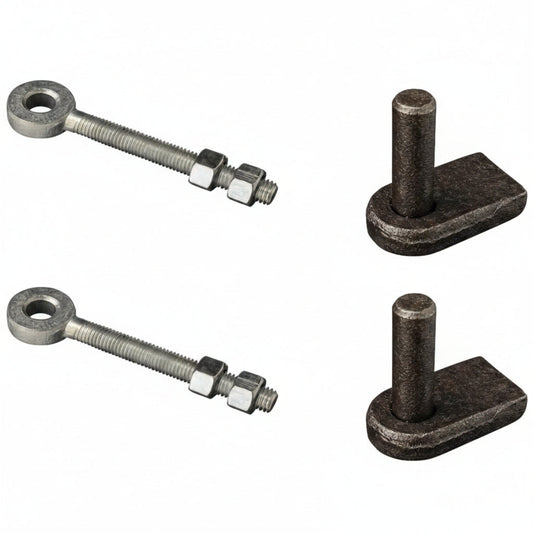 Pair of weld-on gate hinge brackets with 12mm pins and M12 adjustable eyes