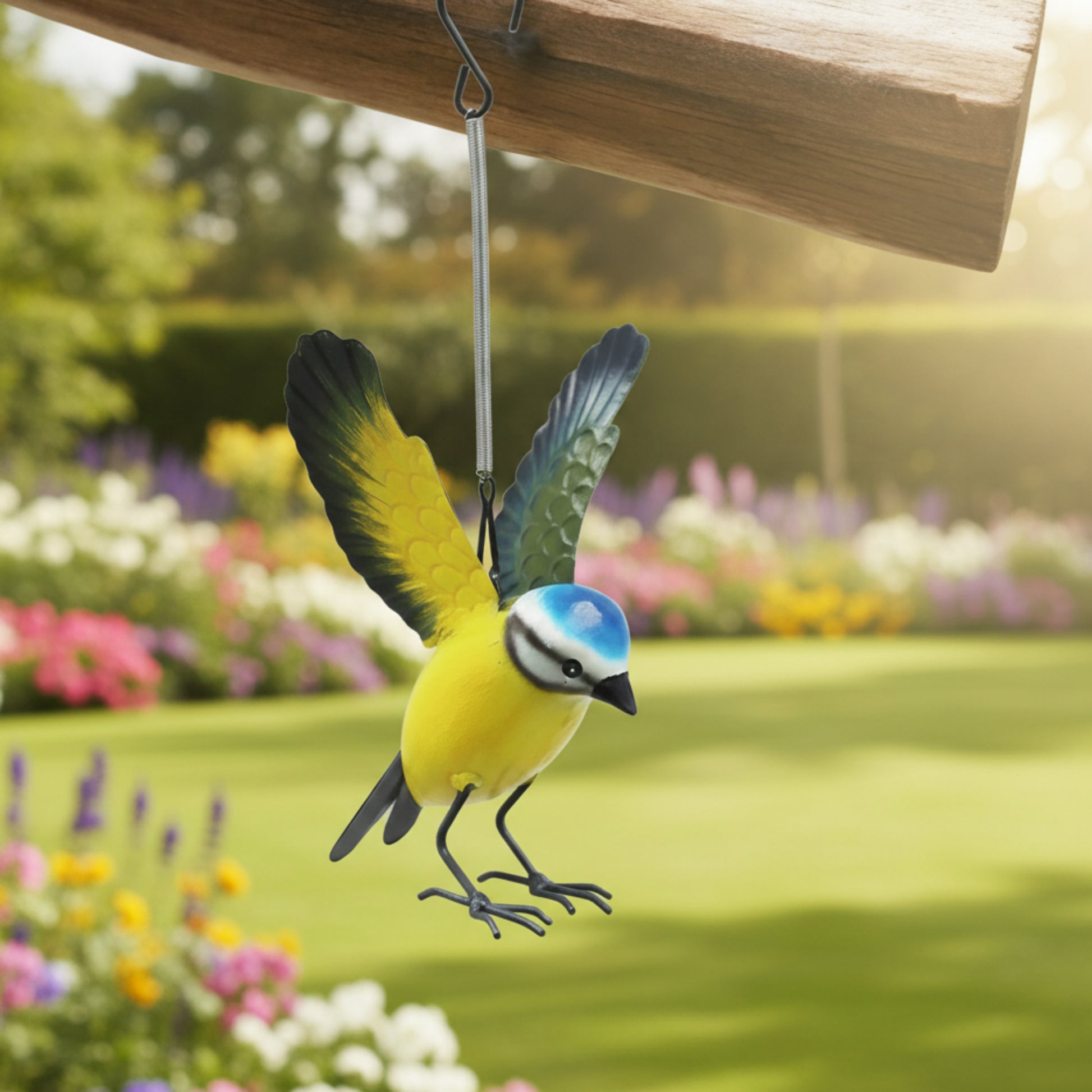 Small Metal Hanging Blue Tit Garden Ornament, 14cm, Default Title