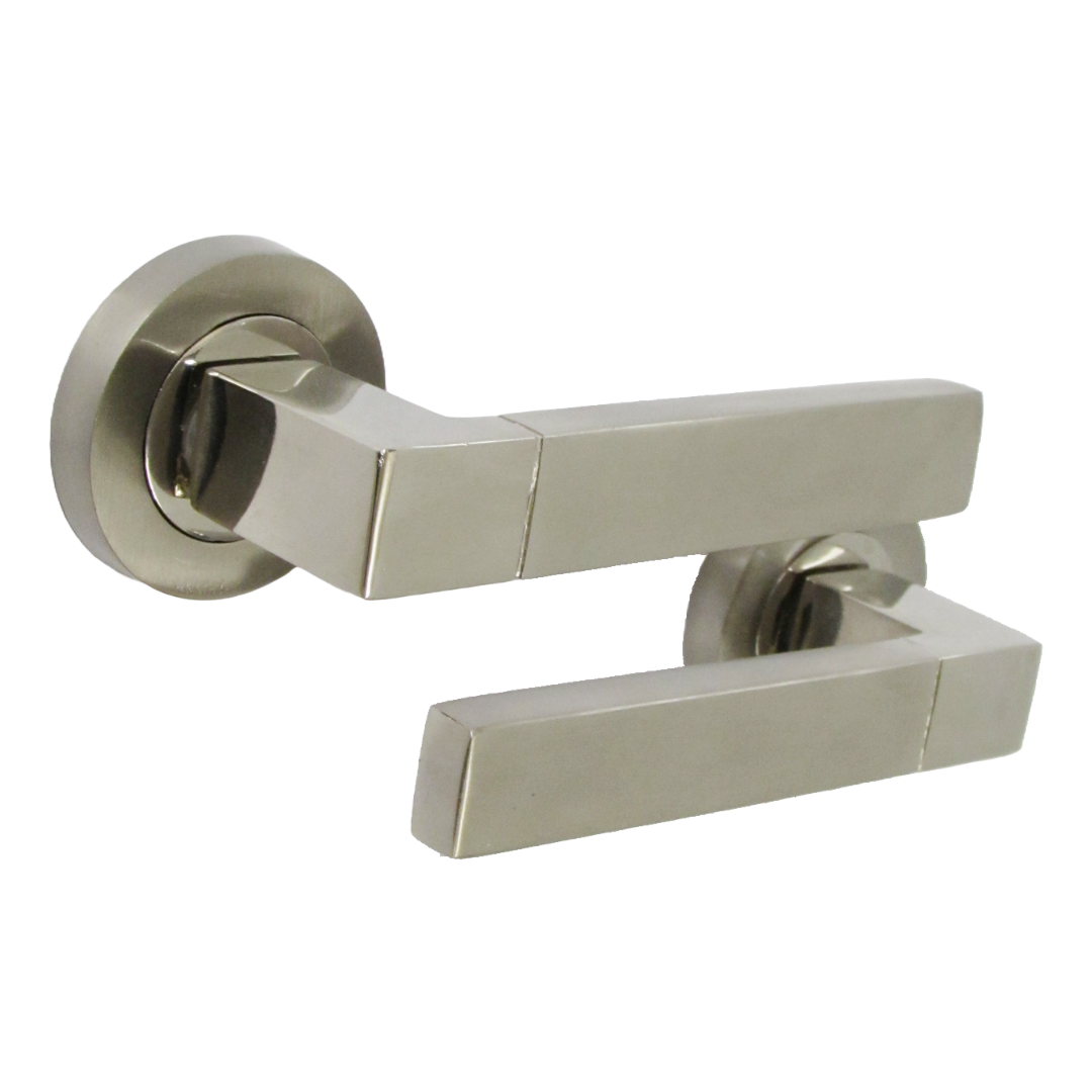 Cafri Line Door Handle Lock Key Set Modern Satin Nickel Lever on Rose Internal Escutcheon Pack