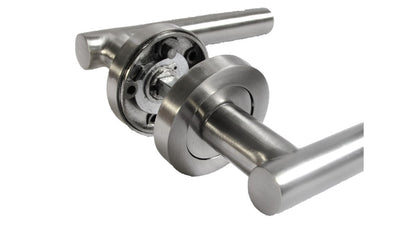 Door Handles T Bar Straight Lever on Rose Thumb turn & Lock & Hinges - Satin