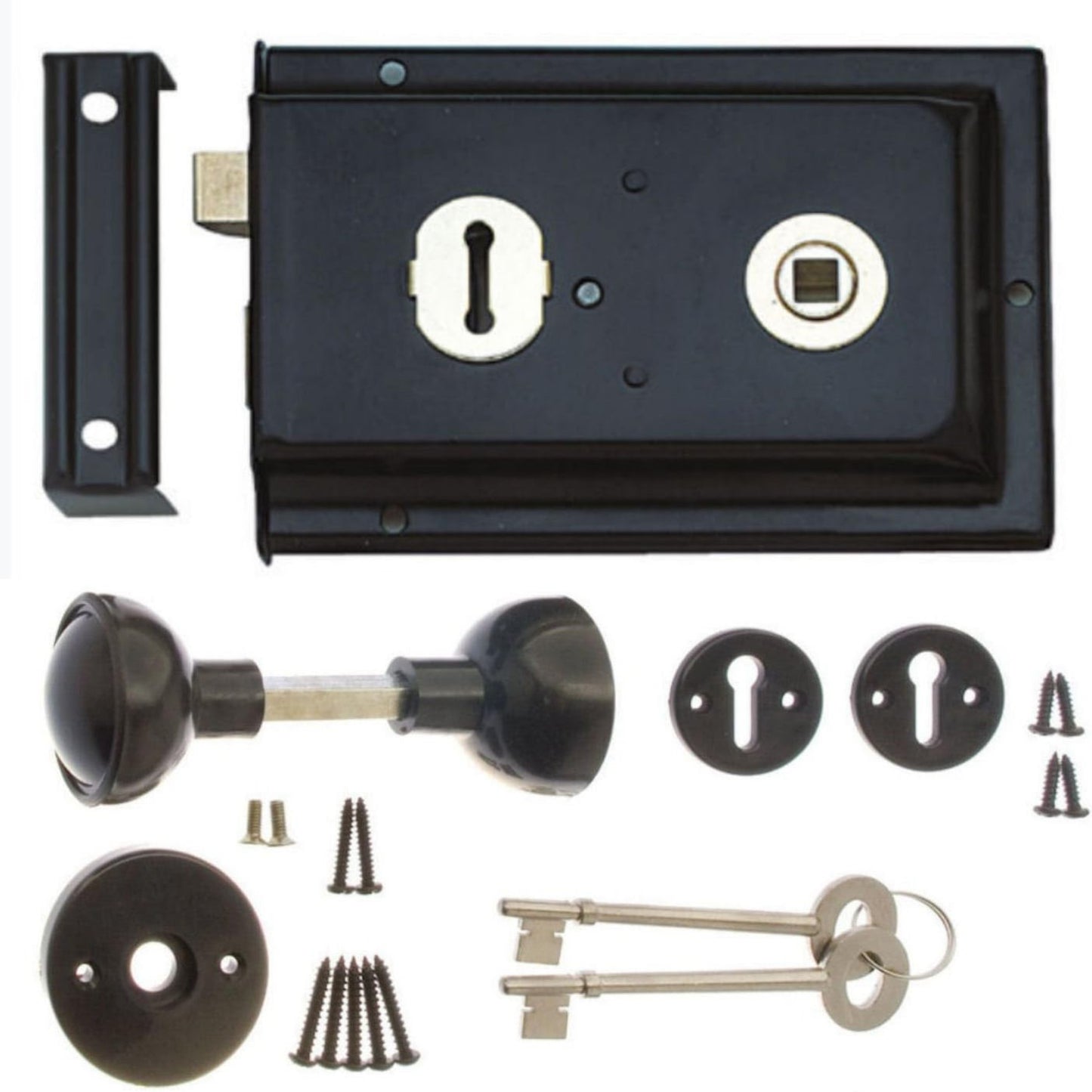 Black 6″ × 4″ rim lock and plastic knob set with key-operated deadbolt