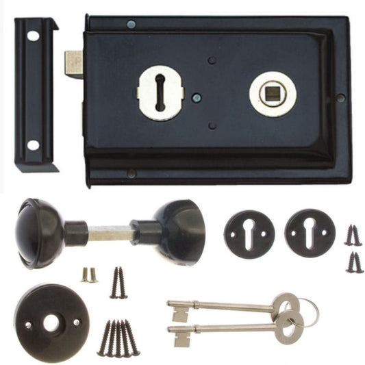 Black 6" x 4" rim lock and plastic knob set with key-operated deadbolt
