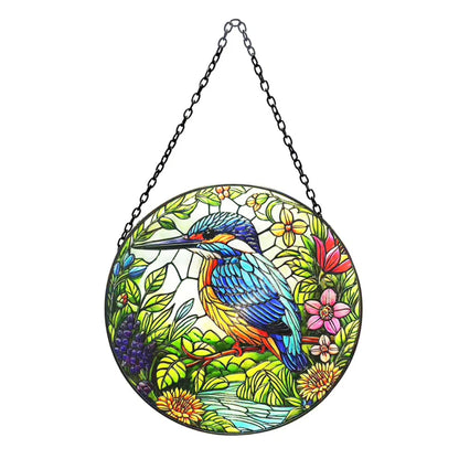 Stained Glass Suncatcher Kingfisher Hanging Round Orbit Garden Bird Decoration - 48cm x 23cm