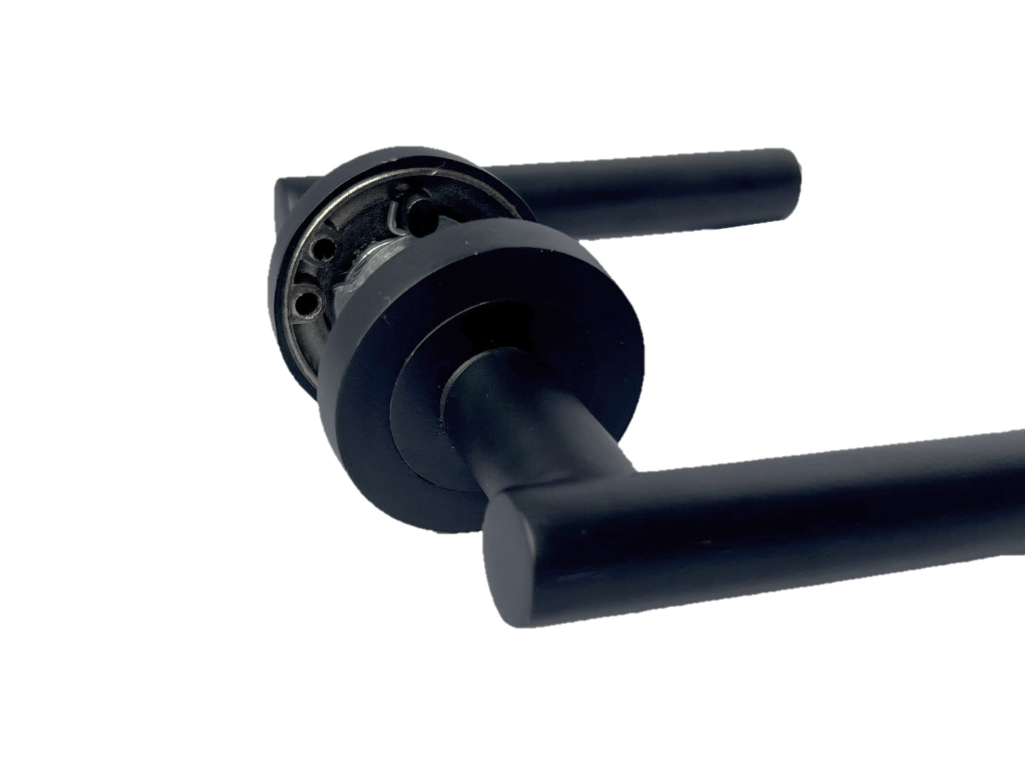Poignées de porte à levier en T noir mat sur rosace ronde, pack de poignées modernes