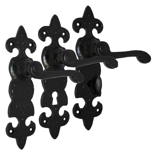 Antique Fleur De Lys Black Door Handle Latch Lock Bathroom Handles