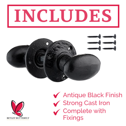 Antique Black Oval Mortice Door Knob Set, Cast Iron Traditional Rustic Door Handles