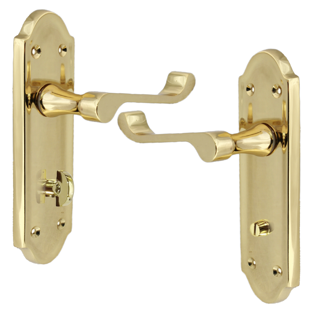 Ashford Door Handle Bathroom Lock Scroll Lever - Polished Brass Bath Pack Hinges