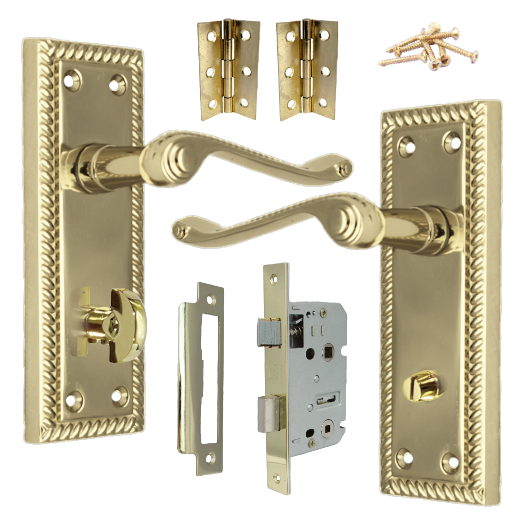 Georgian Door Handle Brass, Bathroom WC Toilet Handles, Mortice Lock Hinges Set
