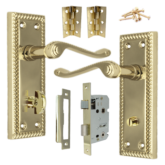 Georgian Door Handle Brass, Bathroom WC Toilet Handles, Mortice Lock Hinges Set