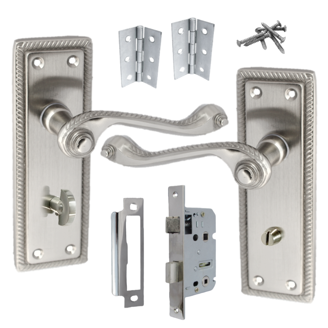 Georgian Door Handle Satin, Bathroom WC Toilet Handles, Mortice Lock Hinges Set