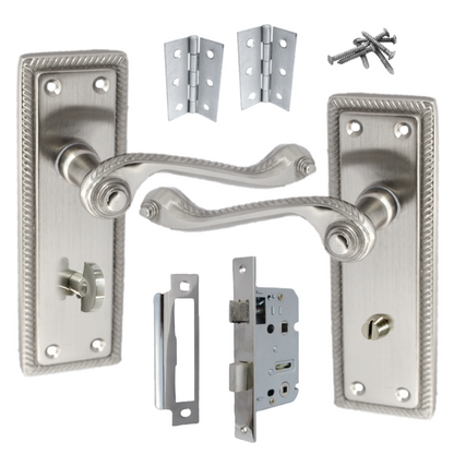 Georgian Door Handle Satin, Bathroom WC Toilet Handles, Mortice Lock Hinges Set