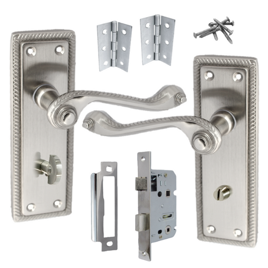 Georgian Door Handle Satin, Bathroom WC Toilet Handles, Mortice Lock Hinges Set