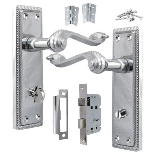 Georgian Door Handle Chrome, Bathroom WC Toilet Handles, Mortice Lock Hinges Set