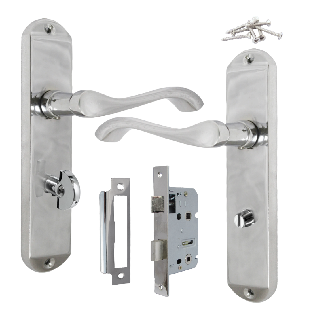 Poignées de porte Cadenza sur plaque arrière, ensemble de serrures de salle de bain chromées à volutes