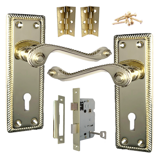 Georgian Roped Door Handle Brass, Lock Door Handles Lever Lock Set Hinges Pack