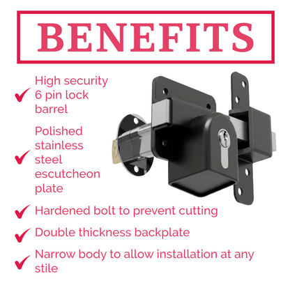 Premium Long Throw Euro Profile Gate Lock, Black 316 Stainless Steel for Sheds, Gates & Garage Doors, Double Locking, Keyed Both Sides