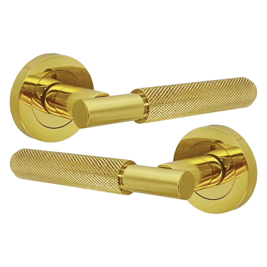 Knurled Turning Door Handles Polished Brass Lever on Round Rose Latch Handle Luxe
