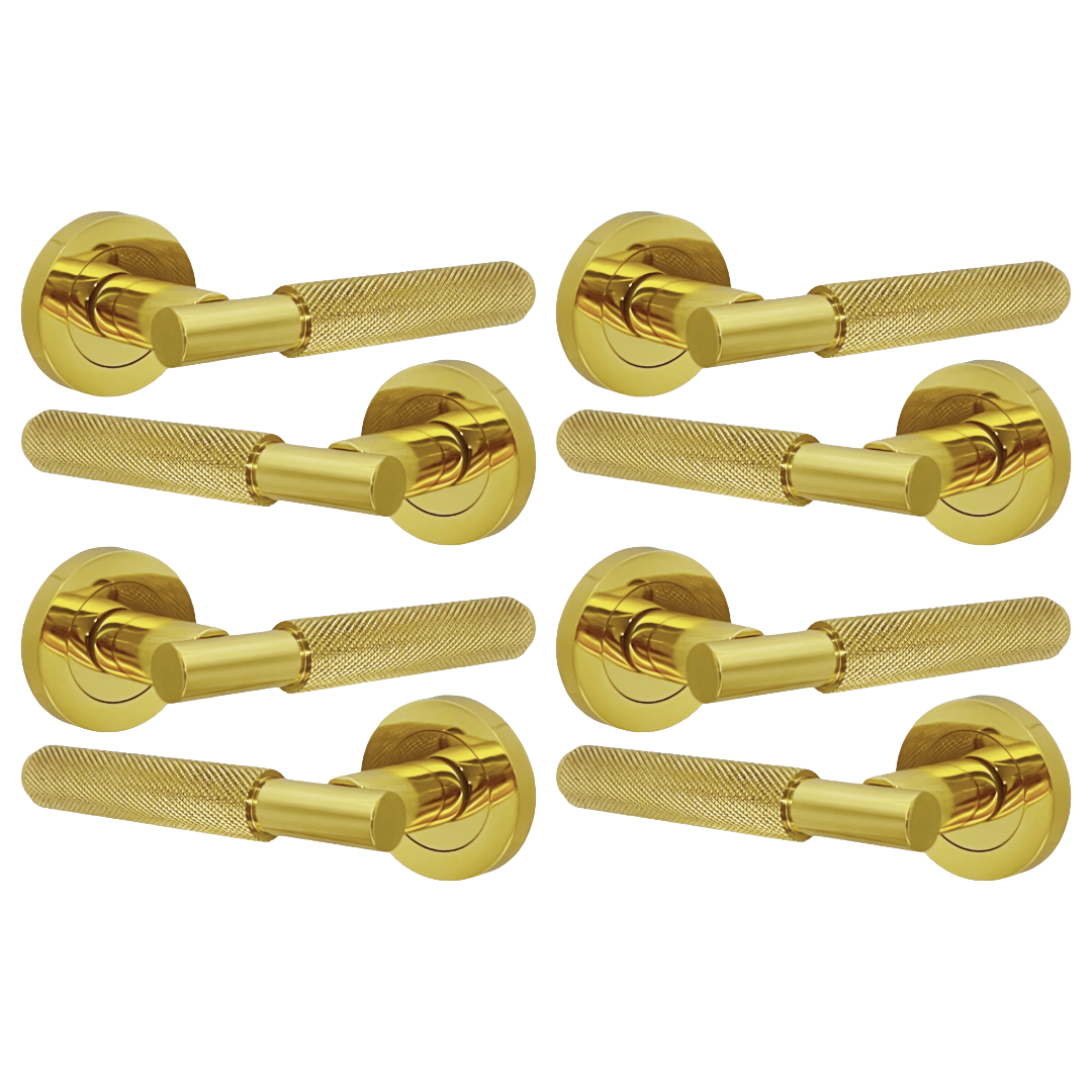 Knurled Turning Door Handles Polished Brass Lever on Round Rose Latch Handle Luxe