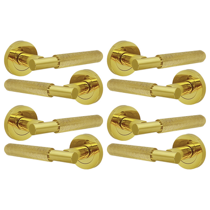 Knurled Turning Door Handles Polished Brass Lever on Round Rose Latch Handle Luxe