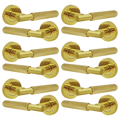 Knurled Turning Door Handles Polished Brass Lever on Round Rose Latch Handle Luxe