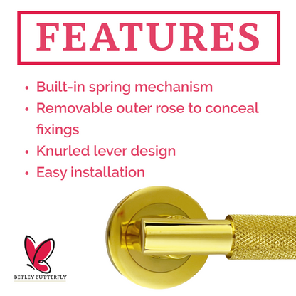 Knurled Turning Door Handles Polished Brass Lever on Round Rose Latch Handle Luxe
