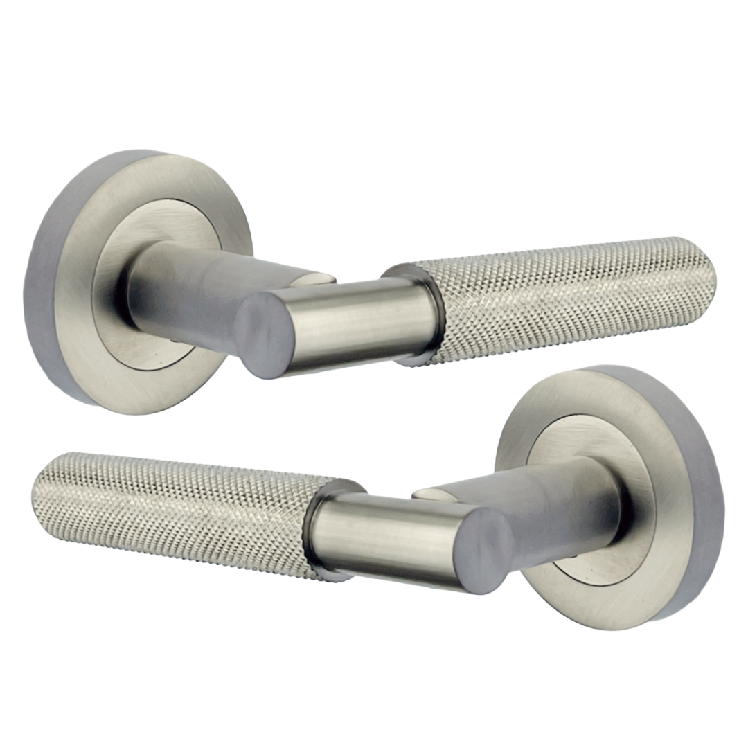 Poignées de porte moletées tournantes à levier satiné sur rosace ronde, poignée de loquet de luxe