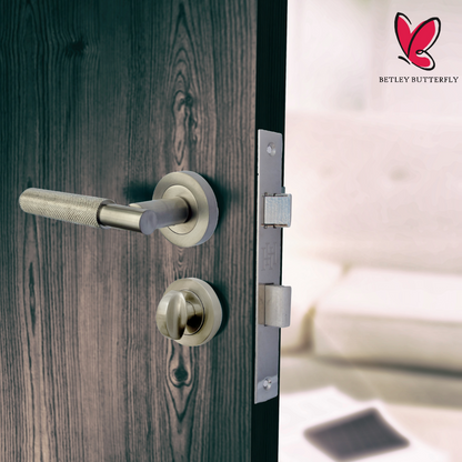 Poignées de porte moletées tournantes à levier satiné sur rosace ronde, poignée de loquet de luxe