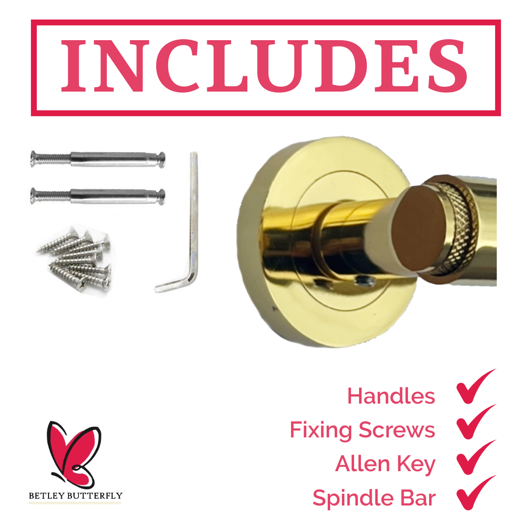 Knurled Door Handles Polished Brass Loop & Neck Lever on Rose Key Lock Set