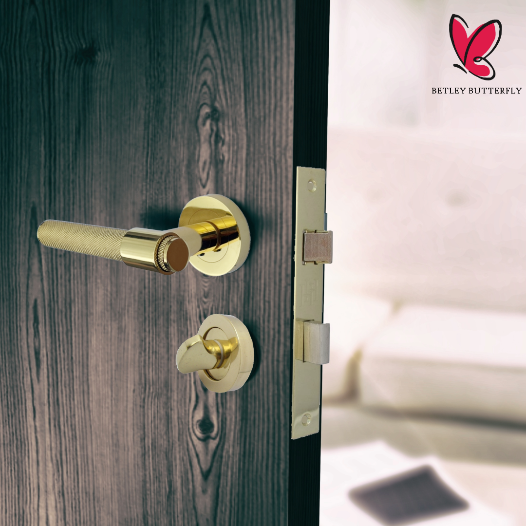 Knurled Door Handles Polished Brass Loop & Neck Lever on Rose Bathroom Set