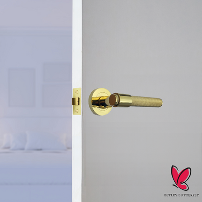 Knurled Door Handles Polished Brass Loop & Neck Lever on Rose Key Lock Set