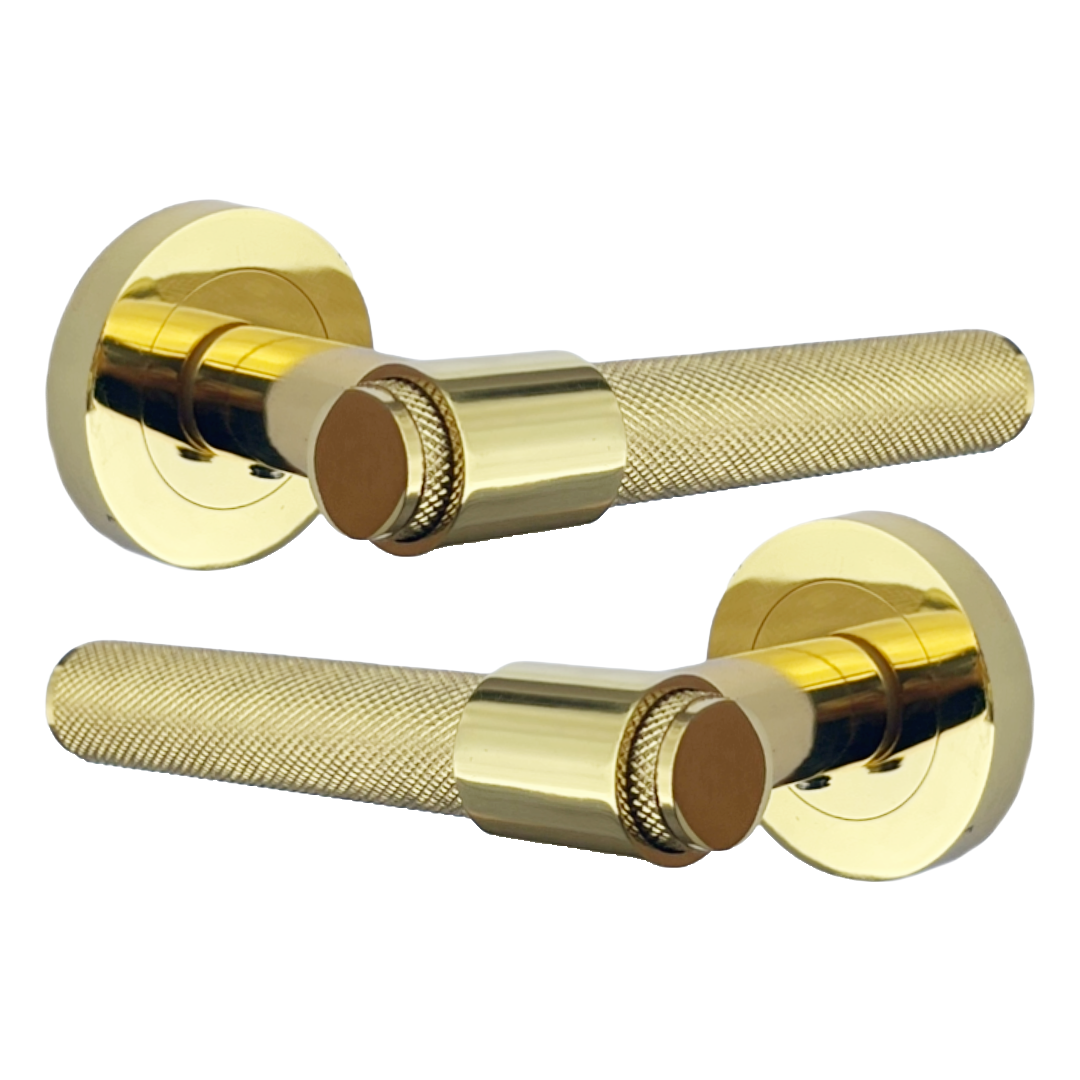 Knurled Door Handles Polished Brass Loop & Neck Lever on Rose Key Lock Set