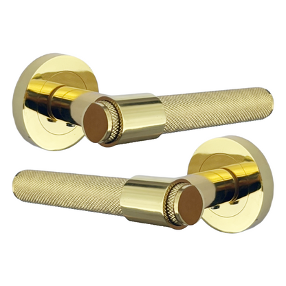 Knurled Door Handles Polished Brass Loop & Neck Lever on Rose Key Lock Set