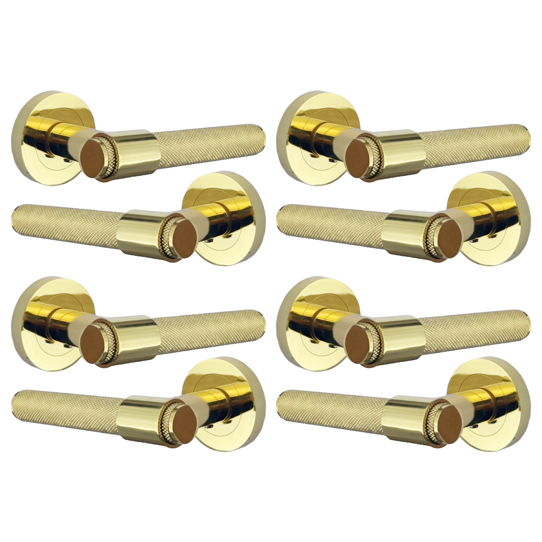 Knurled Door Handles Polished Brass Loop & Neck Lever on Round Rose Latch Handle Luxe