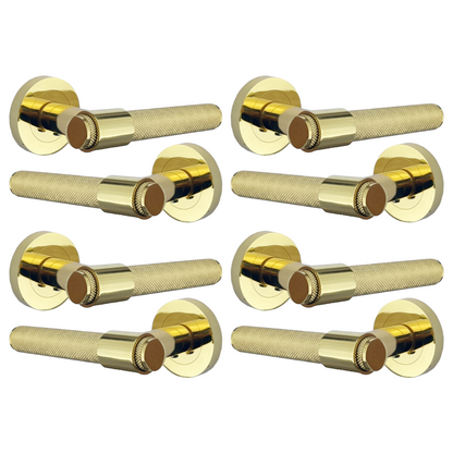 Knurled Door Handles Polished Brass Loop & Neck Lever on Round Rose Latch Handle Luxe