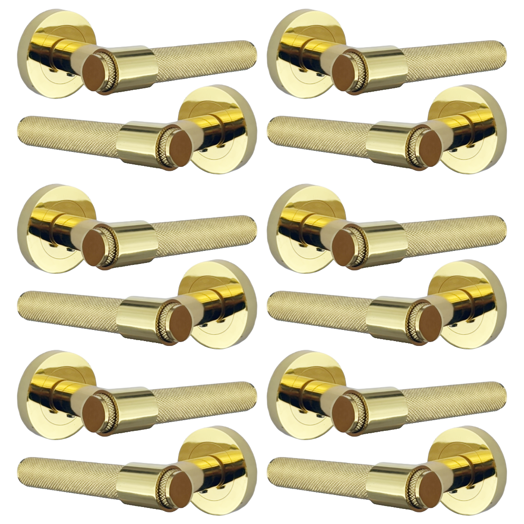 Knurled Door Handles Polished Brass Loop & Neck Lever on Round Rose Latch Handle Luxe
